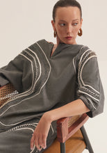 Load image into Gallery viewer, Charcoal Kaftan with graphic swirls of embroidery