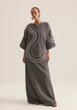 Load image into Gallery viewer, Charcoal Kaftan with graphic swirls of embroidery