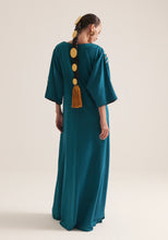 Load image into Gallery viewer, Teal Kaftan with graphic swirls of embroidery