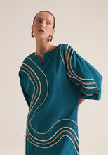 Load image into Gallery viewer, Teal Kaftan with graphic swirls of embroidery