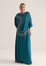 Load image into Gallery viewer, Teal Kaftan with graphic swirls of embroidery