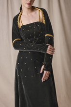 Load image into Gallery viewer, Grey Velvet Kaftan with Cape with gold embroidery