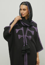 Load image into Gallery viewer, BLACK MAUVE TASSELS ABAYA /SHAYLA