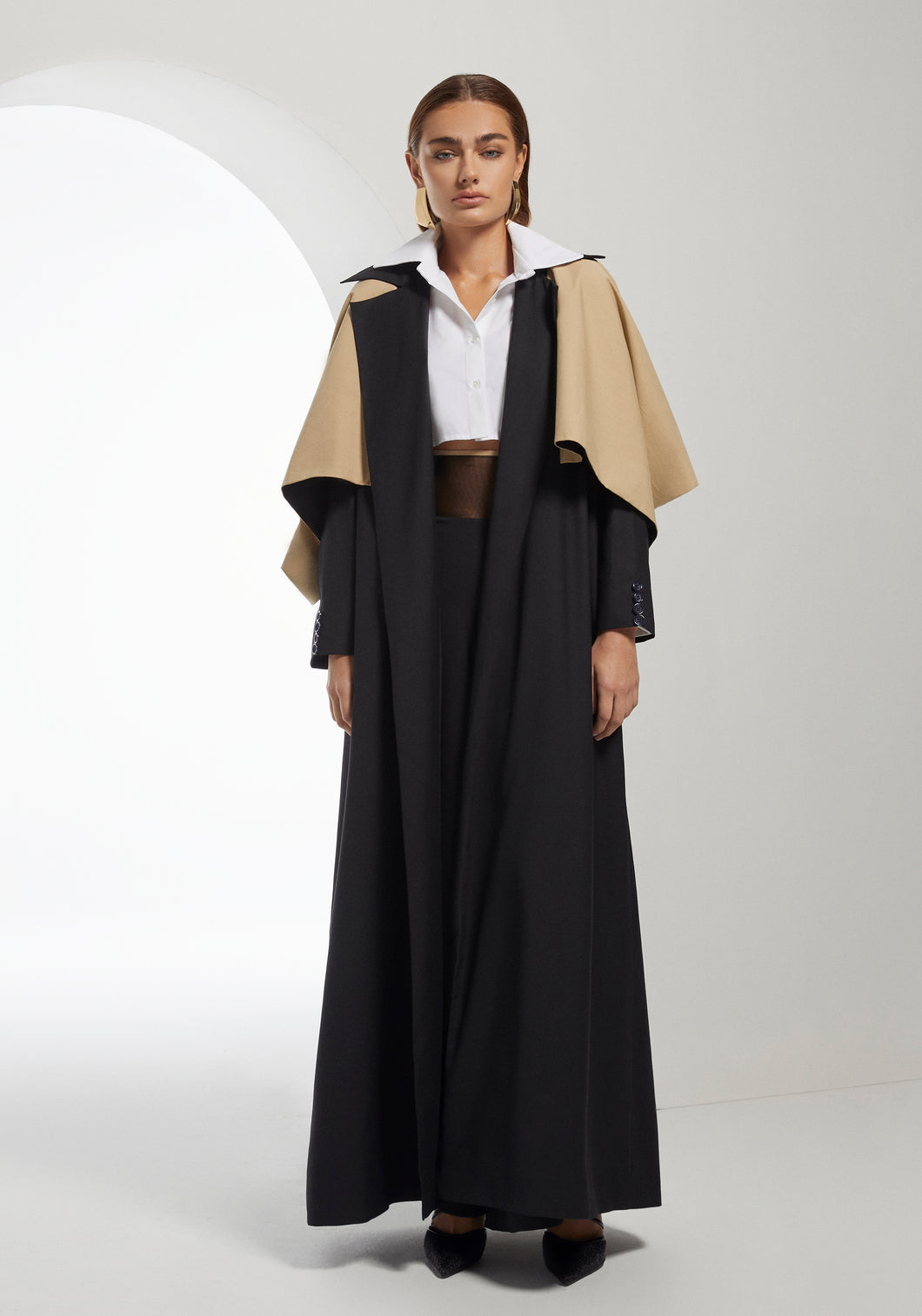 Two-Tone Capelet Trench Coat